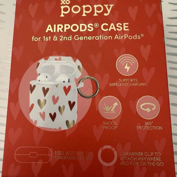 New XO Poppy AirPods Case Keychain 1st & 2nd Generation Clear With Hearts - Picture 3 of 3